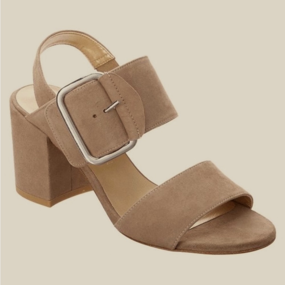Stuart Weitzman tan suede city sandal block heel buckle
